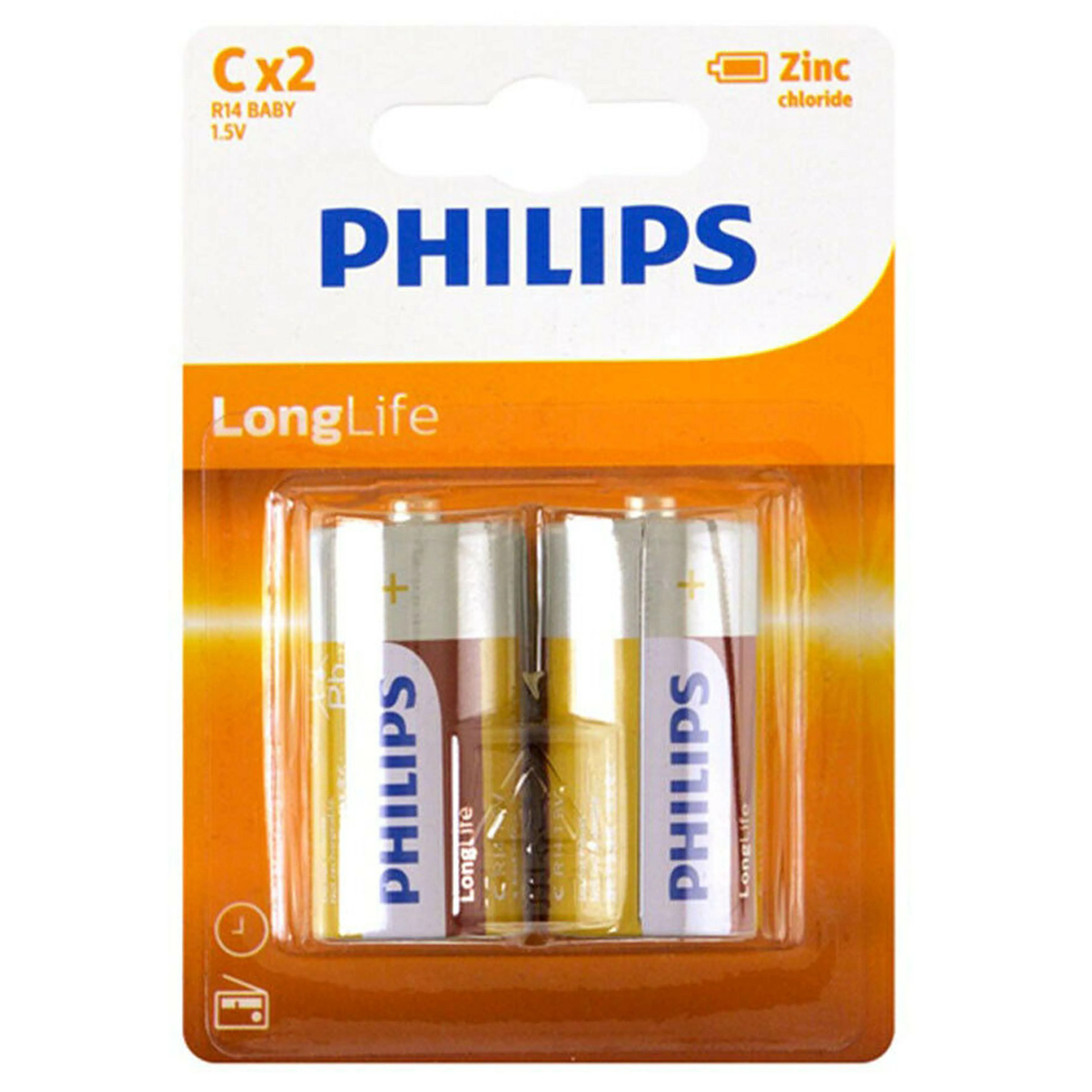 16 X Philips Long Life C Batteries 1.5V R14 Zinc Chloride Battery Toys Ex 2023