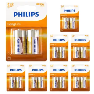 16 X Philips Long Life C Batteries 1.5V R14 Zinc Chloride Battery Toys Ex 2023