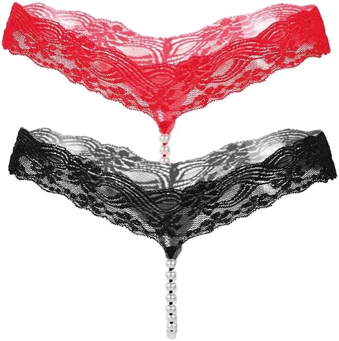 2 Pack Womens Pearls Mini Bikini G-String Thongs Peral Chain String Cute Lingerie T Pants Lace Thongs M-XXL