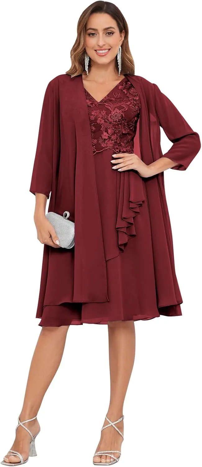 2 Pieces Mother of The Bride Dresses for Wedding Lace Applique Chiffon Ruffle Formal Dress with Jacket