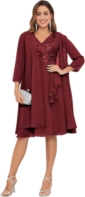 2 Pieces Mother of The Bride Dresses for Wedding Lace Applique Chiffon Ruffle Formal Dress with Jacket