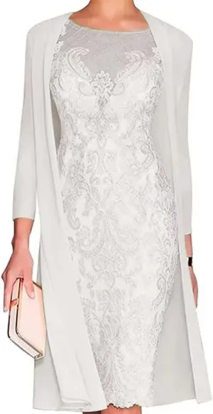 2 Pieces Mother of The Bride Dresses with Jacket Tea Length Laces Chiffon Formal Evening Gowns for Wedding Party Guest Ivory