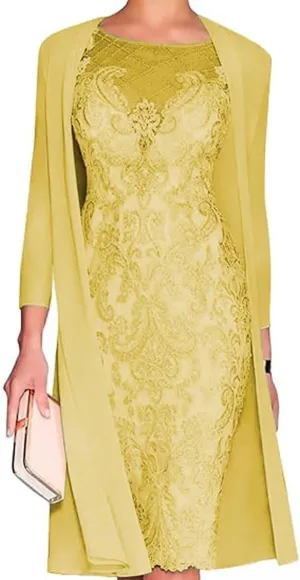 2 Pieces Mother of The Bride Dresses with Jacket Tea Length Laces Chiffon Formal Evening Gowns for Wedding Party Guest Yellow