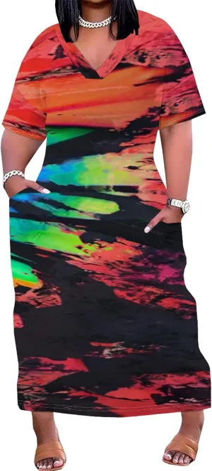 2024 Fahion Women's Plus Size Maxi Dresses Summer V Neck Casual Short Sleeve Party Long Sundress XL-6XL with Pockets