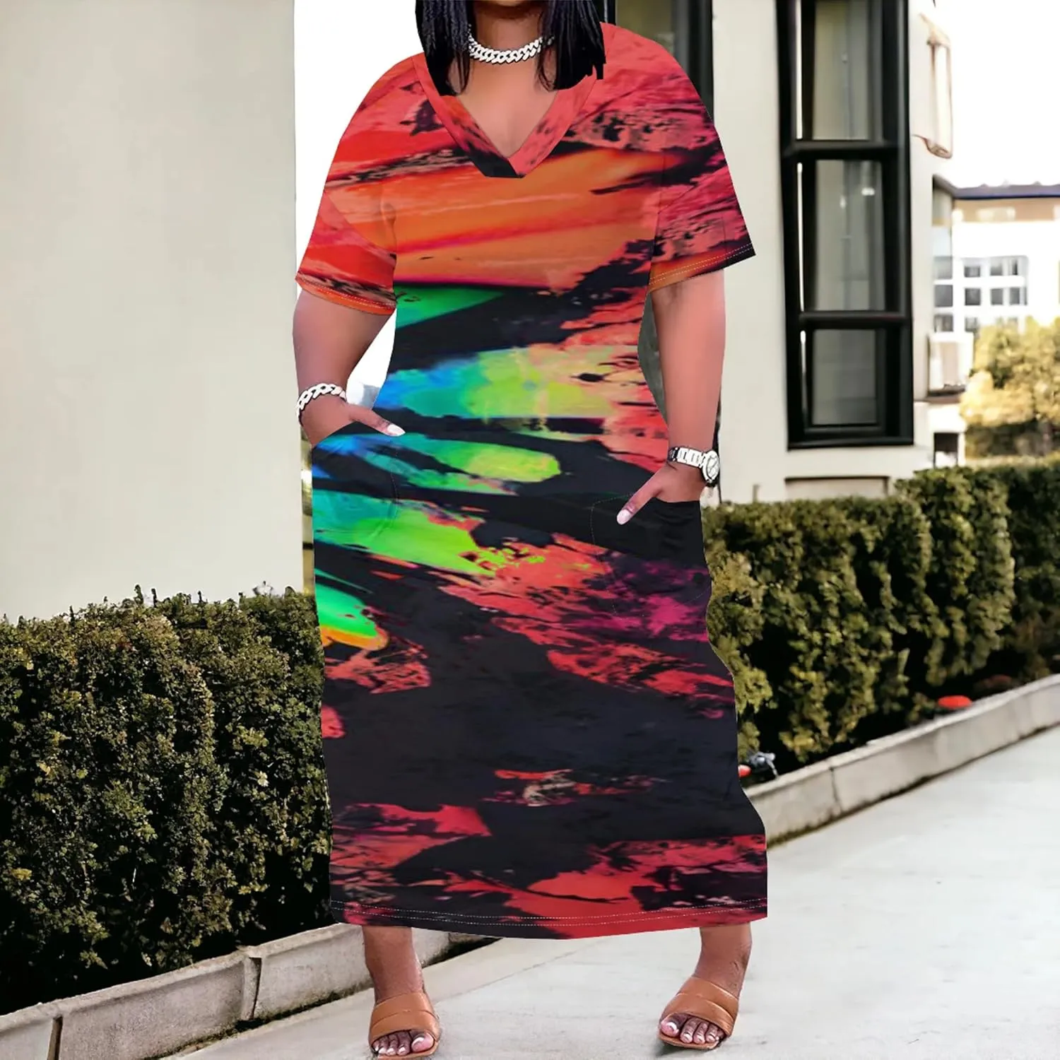 2024 Fahion Women's Plus Size Maxi Dresses Summer V Neck Casual Short Sleeve Party Long Sundress XL-6XL with Pockets