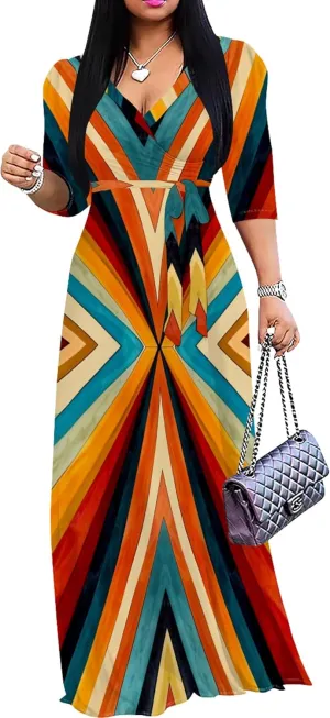 2024 Plus Size Fall Maxi Dress for Women Casual Sexy V-Neck 3/4 Sleeve Printed Flowy Boho Beach Sundress with Belt