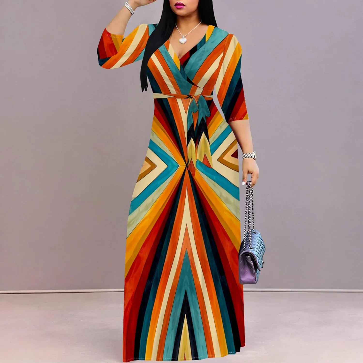 2024 Plus Size Fall Maxi Dress for Women Casual Sexy V-Neck 3/4 Sleeve Printed Flowy Boho Beach Sundress with Belt