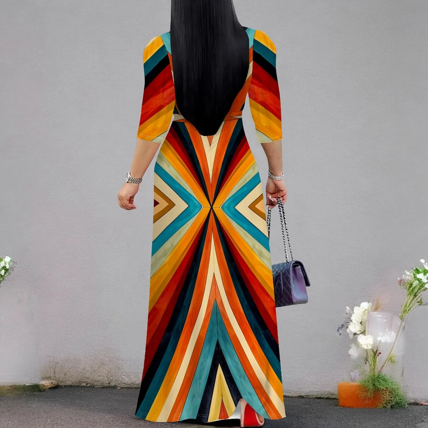 2024 Plus Size Fall Maxi Dress for Women Casual Sexy V-Neck 3/4 Sleeve Printed Flowy Boho Beach Sundress with Belt