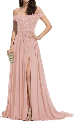 2025 Women's Laces Appliques Prom Dresses Off Shoulder Long Chiffon A-Line Formal Evening Party Gowns with Slit