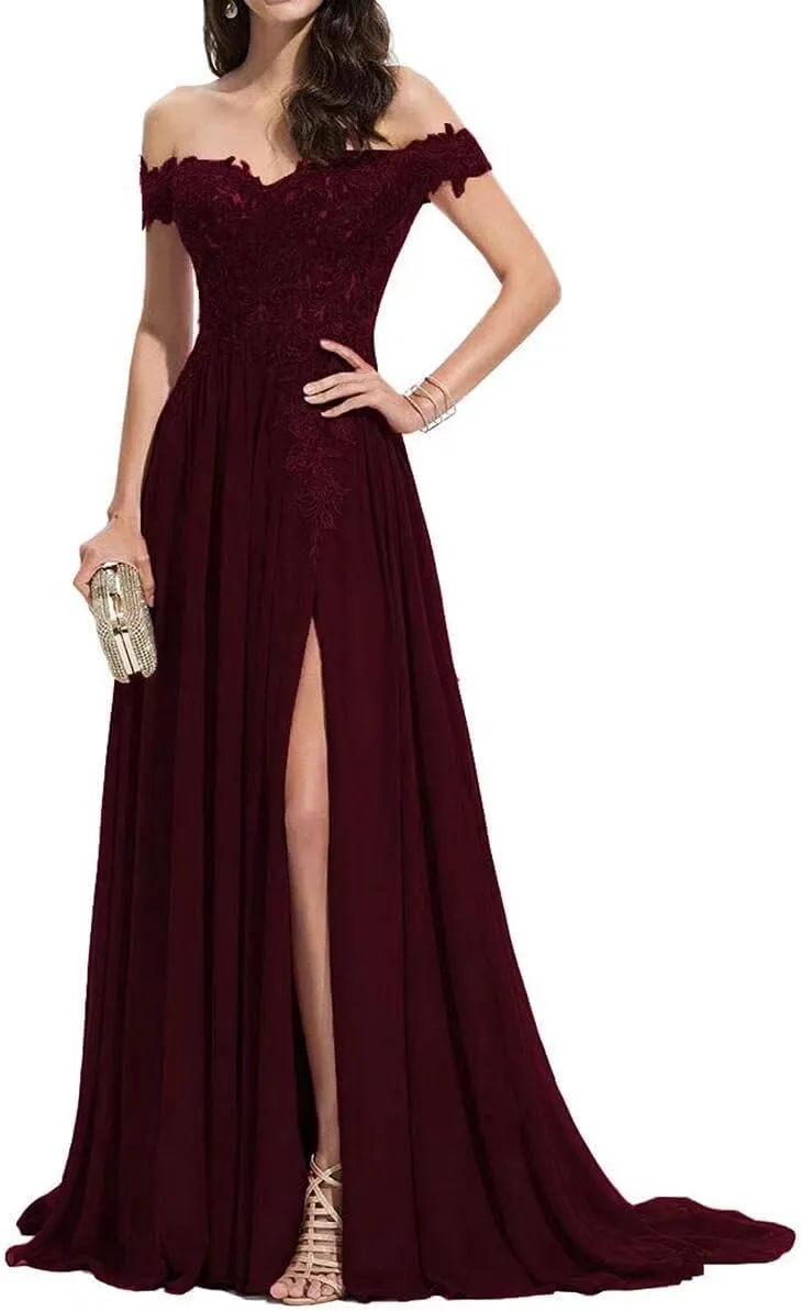 2025 Women's Laces Appliques Prom Dresses Off Shoulder Long Chiffon A-Line Formal Evening Party Gowns with Slit