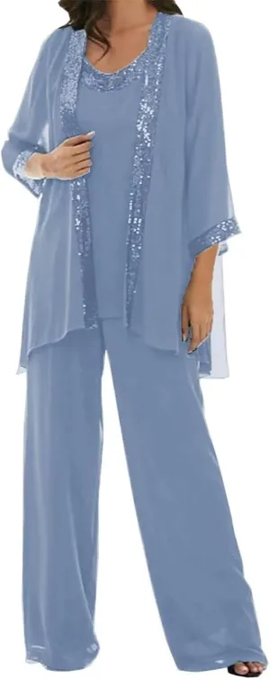 3 Pcs Mother of The Bride Dresses Pantsuit for Wedding 3/4 Sleeves Formal Pants Outfit with Jacket