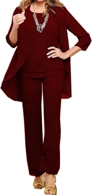3 Pieces Mother of The Bride Pant Suits for Wedding Chiffon Outfit Sets Formal Evening Gowns with Jacket