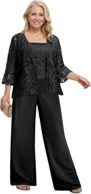 3 Pieces Mother of The Bride Pant Suits for Wedding Dressy Lace Chiffon Formal Gown Outfit with Jacket