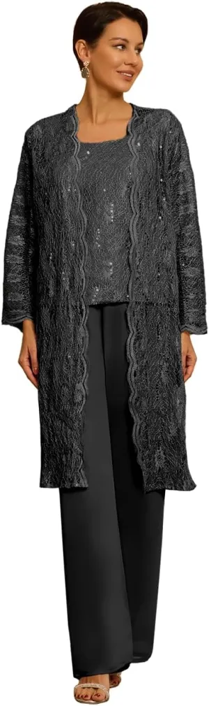 3 Pieces Mother of The Bride Pant Suits for Wedding with Jacket Chiffon Petite Wedding Pantsuits for Women 2025