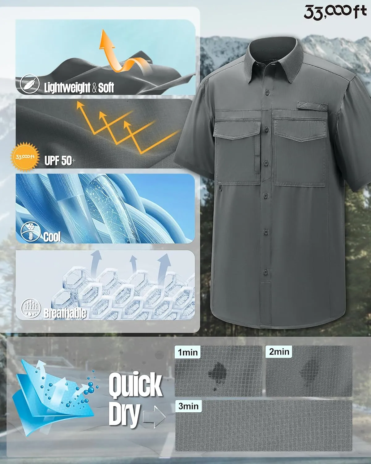 33,000ft Men's Fishing Shirts Lightweight Cool Quick Dry Sun Protection UV Short Sleeve Shirt for Casual Hiking Safari Travel