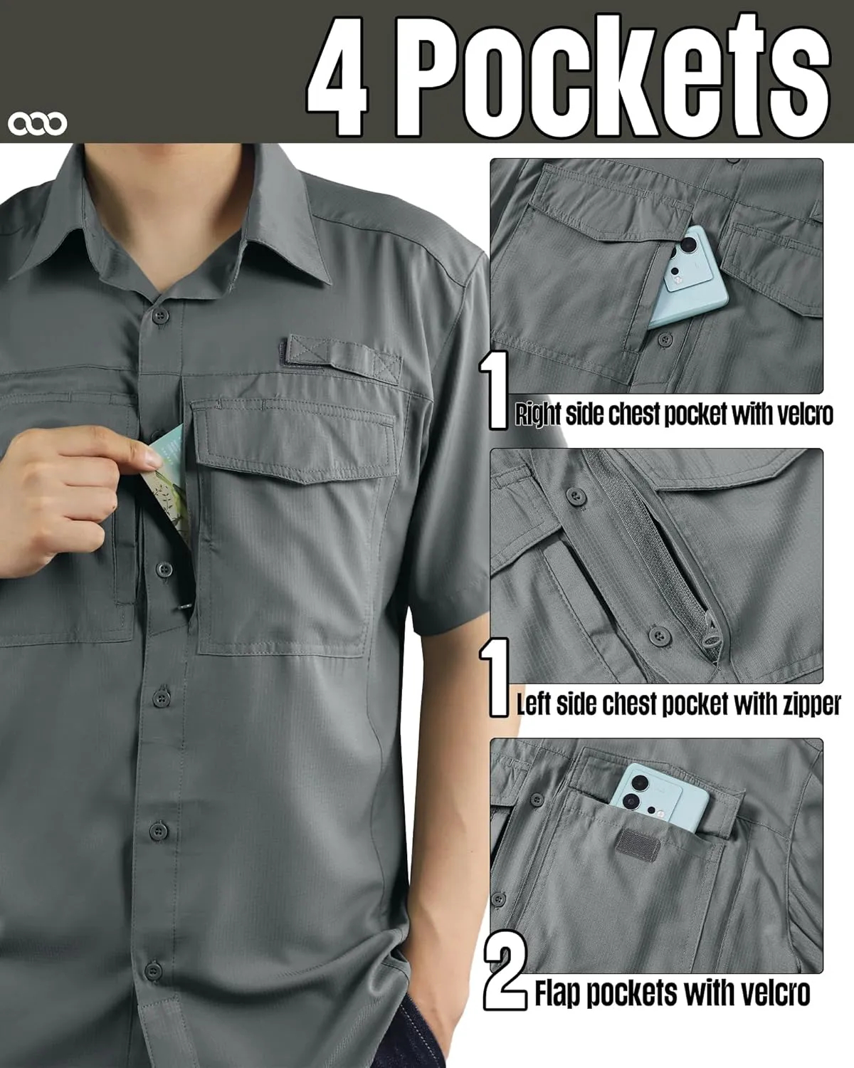 33,000ft Men's Fishing Shirts Lightweight Cool Quick Dry Sun Protection UV Short Sleeve Shirt for Casual Hiking Safari Travel