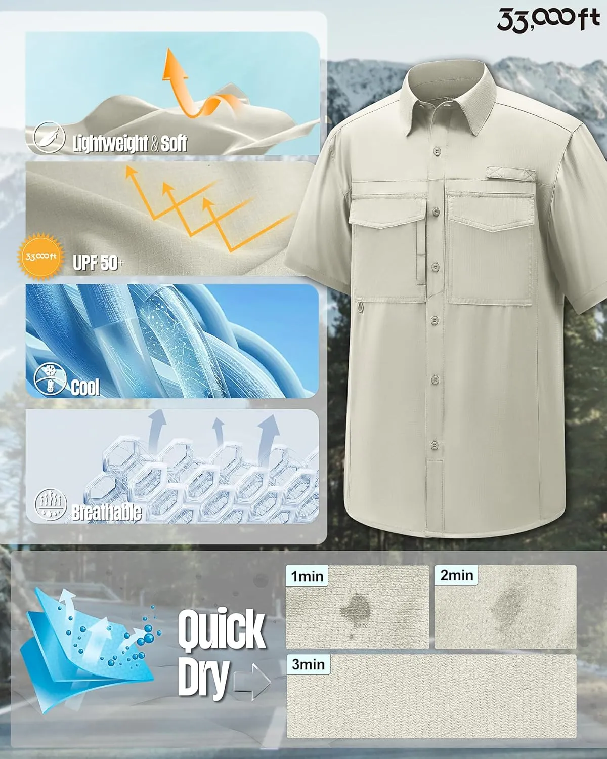 33,000ft Men's Fishing Shirts Lightweight Cool Quick Dry Sun Protection UV Short Sleeve Shirt for Casual Hiking Safari Travel