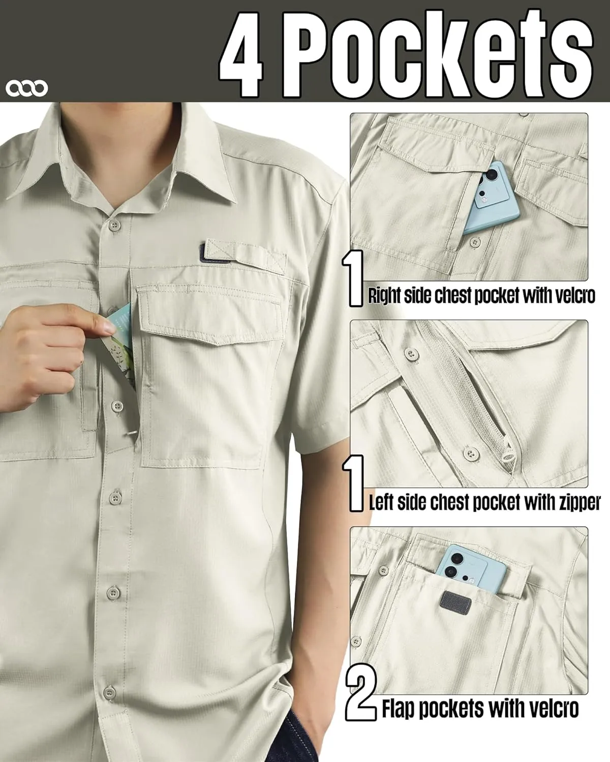 33,000ft Men's Fishing Shirts Lightweight Cool Quick Dry Sun Protection UV Short Sleeve Shirt for Casual Hiking Safari Travel