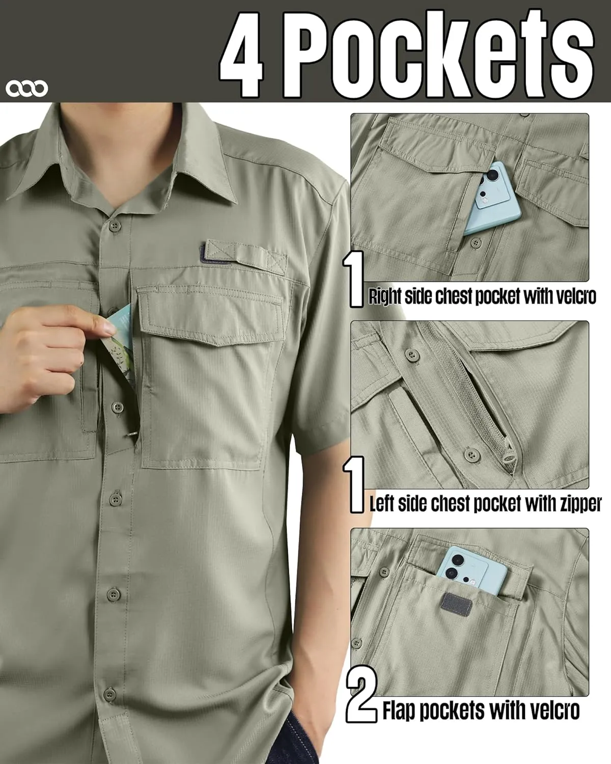 33,000ft Men's Fishing Shirts Lightweight Cool Quick Dry Sun Protection UV Short Sleeve Shirt for Casual Hiking Safari Travel