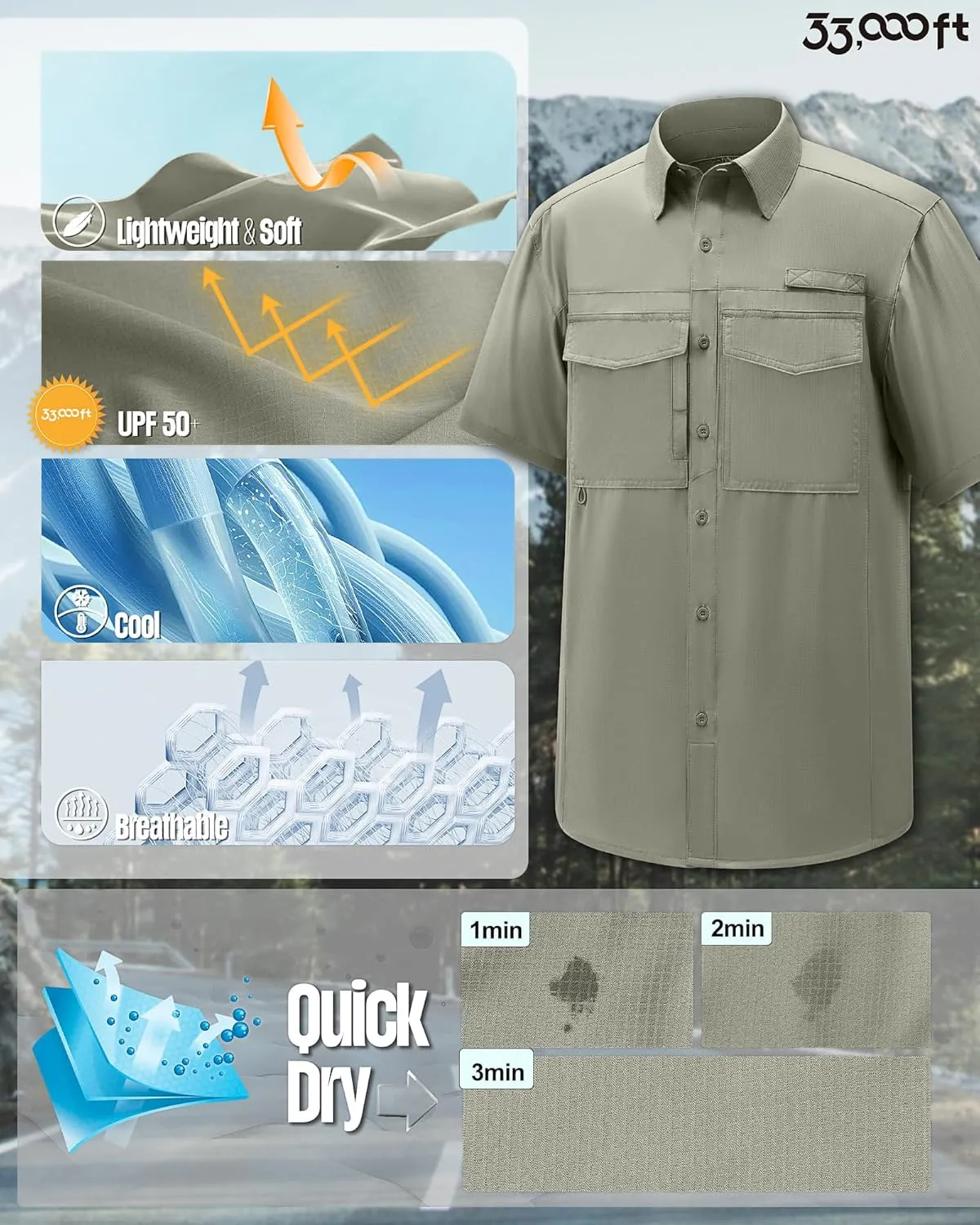 33,000ft Men's Fishing Shirts Lightweight Cool Quick Dry Sun Protection UV Short Sleeve Shirt for Casual Hiking Safari Travel