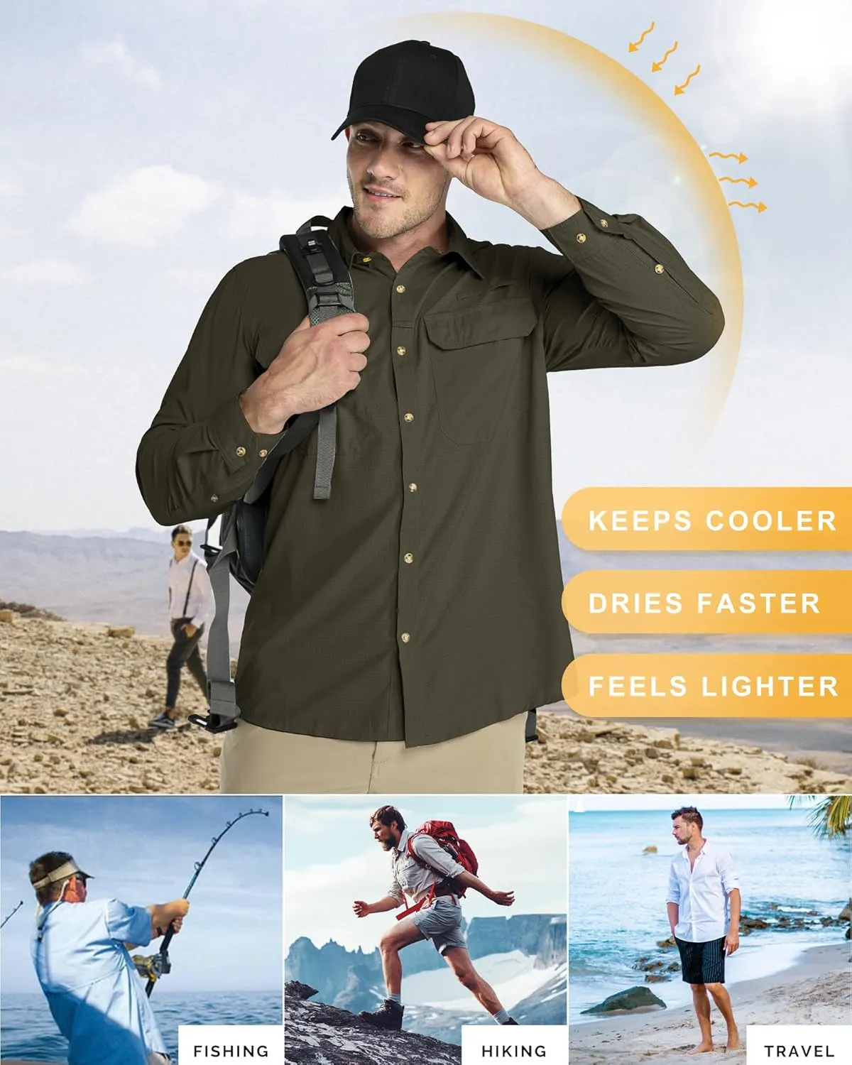 33,000ft Men's Long Sleeve Sun Protection Shirt UPF 50  UV Quick Dry Cooling Fishing Shirts for Travel Safari Camping Hiking