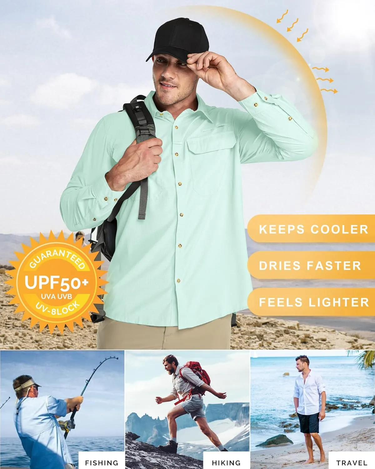 33,000ft Men's Long Sleeve Sun Protection Shirt UPF 50  UV Quick Dry Cooling Fishing Shirts for Travel Safari Camping Hiking