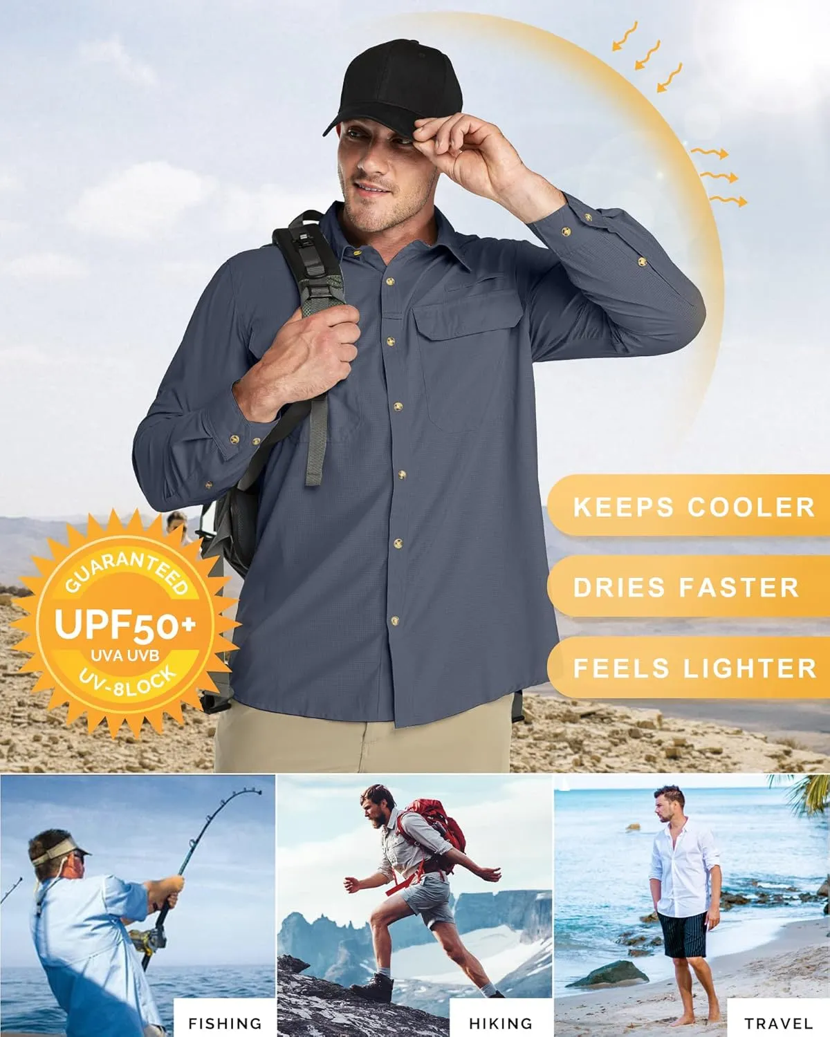 33,000ft Men's Long Sleeve Sun Protection Shirt UPF 50  UV Quick Dry Cooling Fishing Shirts for Travel Safari Camping Hiking