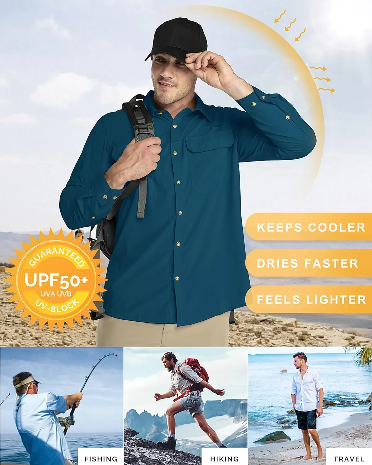 33,000ft Men's Long Sleeve Sun Protection Shirt UPF 50  UV Quick Dry Cooling Fishing Shirts for Travel Safari Camping Hiking