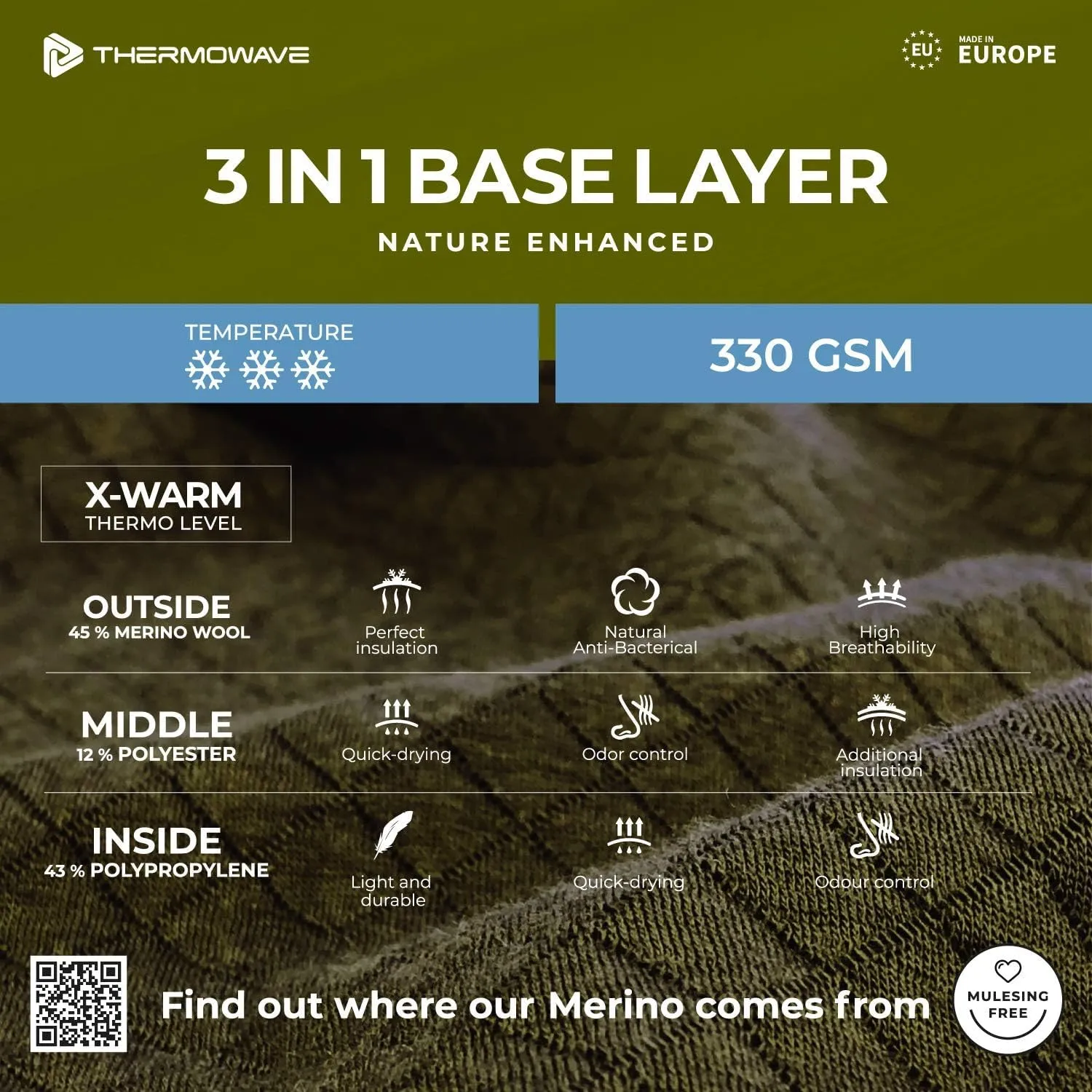 3in1 Merino Wool Base Layer Mens - Thermal Shirts for Men - Merino Wool Underwear Mens 330 GSM