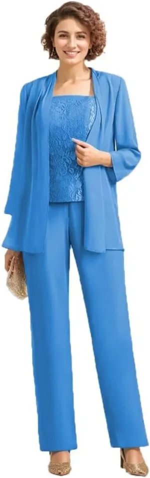 3Pcs Mother of The Bride Dress Pantsuit for Wedding Long Sleeve Formal Pant Suit with Jacket