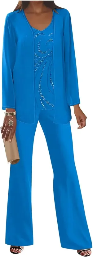3Pcs Mother of The Bride Dress Pantsuit for Wedding Long Sleeve Lace Formal Outfit with Jacket