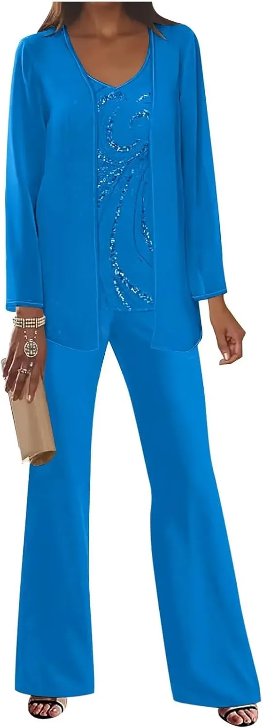 3Pcs Mother of The Bride Dress Pantsuit for Wedding Long Sleeve Lace Formal Outfit with Jacket