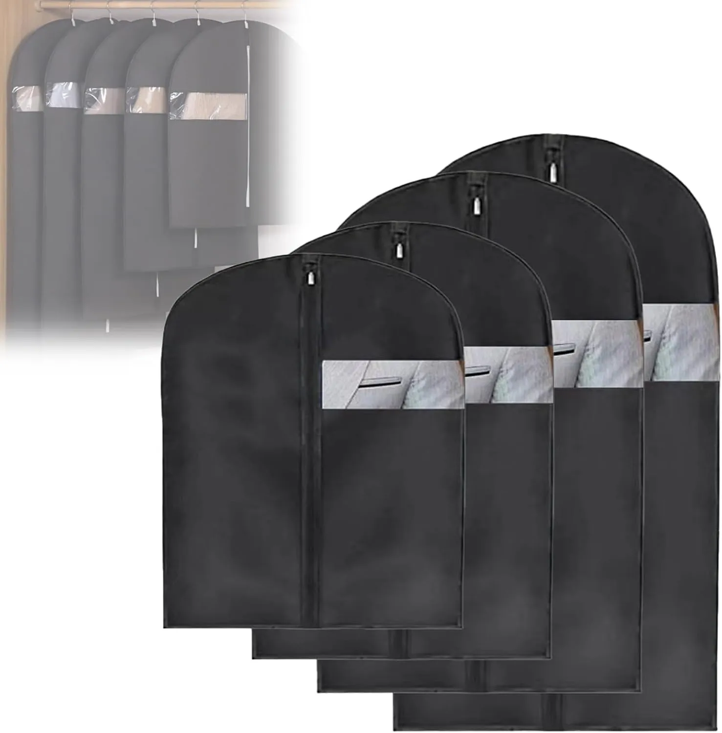 4Pcs Space Saving Hanging Garment Bag with Self Compression Zipper, Space Saver Coat Storage Bag, Coat Covers for Closet with Zipper, for Closet Storage(Black)