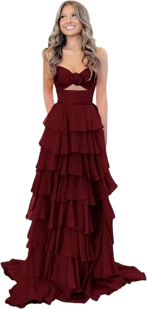 A-Line Tiered Chiffon Prom Dresses Strapless 3D Flower Keyhole Evening Dresses with Slit Corset Back