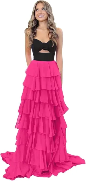 A-Line Tiered Chiffon Prom Dresses Strapless 3D Flower Keyhole Evening Dresses with Slit Corset Back