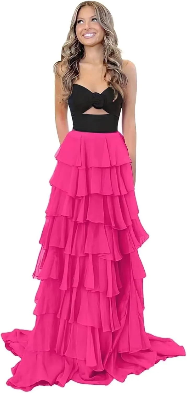 A-Line Tiered Chiffon Prom Dresses Strapless 3D Flower Keyhole Evening Dresses with Slit Corset Back