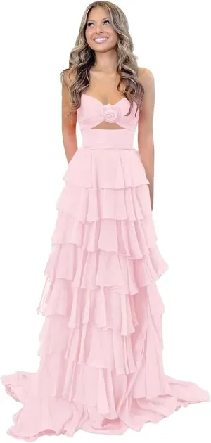 A-Line Tiered Chiffon Prom Dresses Strapless 3D Flower Keyhole Evening Dresses with Slit Corset Back