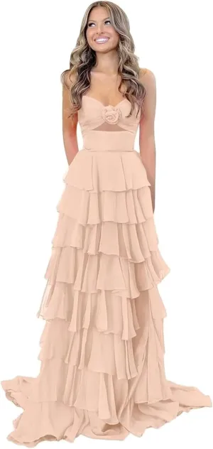 A-Line Tiered Chiffon Prom Dresses Strapless 3D Flower Keyhole Evening Dresses with Slit Corset Back