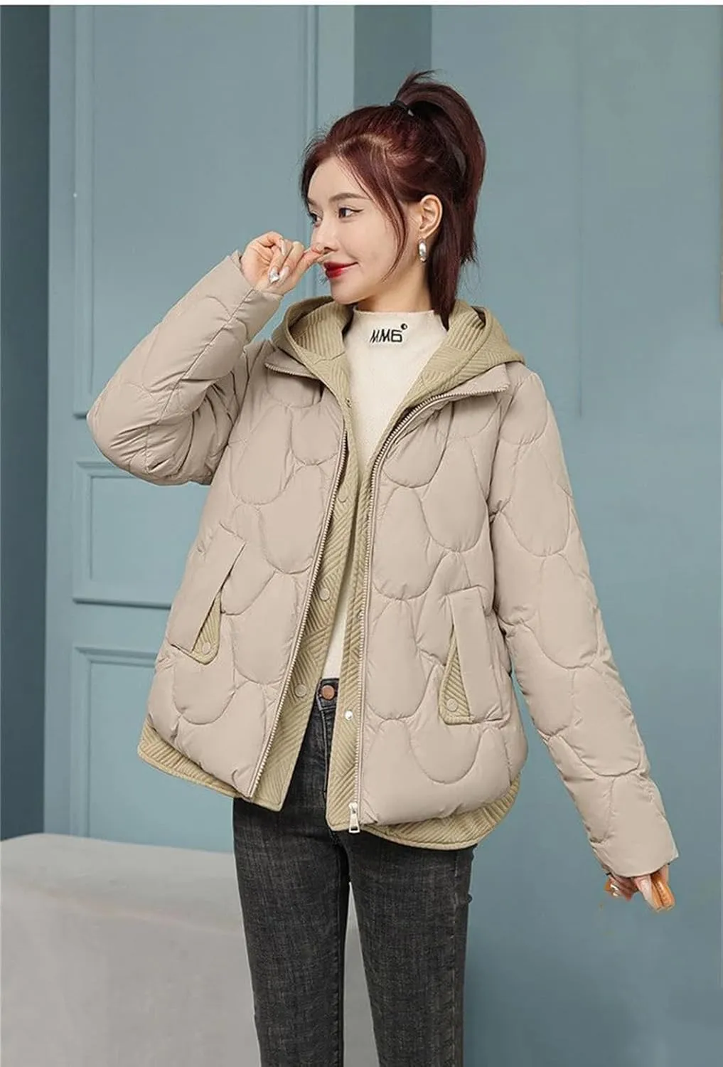 Adhdyuud Woman Splicing Hooded Warm Zipper Outwear With Pocket Casual Winter Cotton-Padded Coat