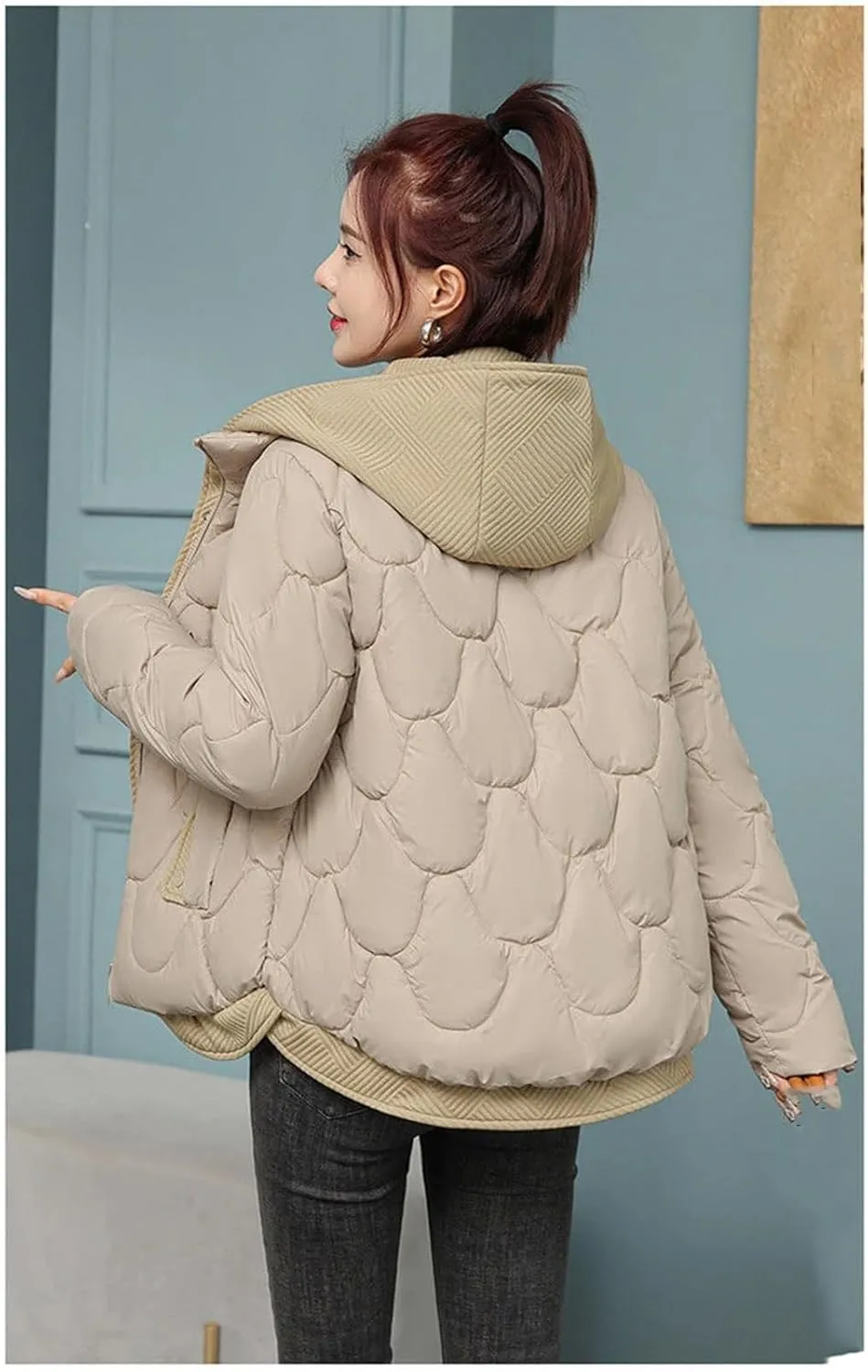 Adhdyuud Woman Splicing Hooded Warm Zipper Outwear With Pocket Casual Winter Cotton-Padded Coat