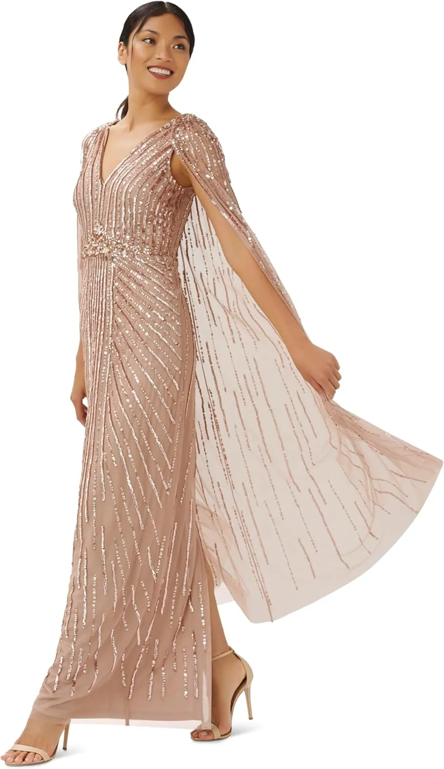 Adrianna Papell Women's Beaded Cape Long Dress