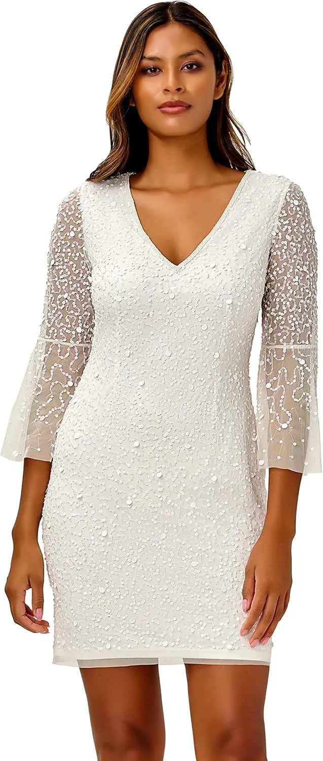 Adrianna Papell Women's Beaded Sequin Bell Sleeve DRS
