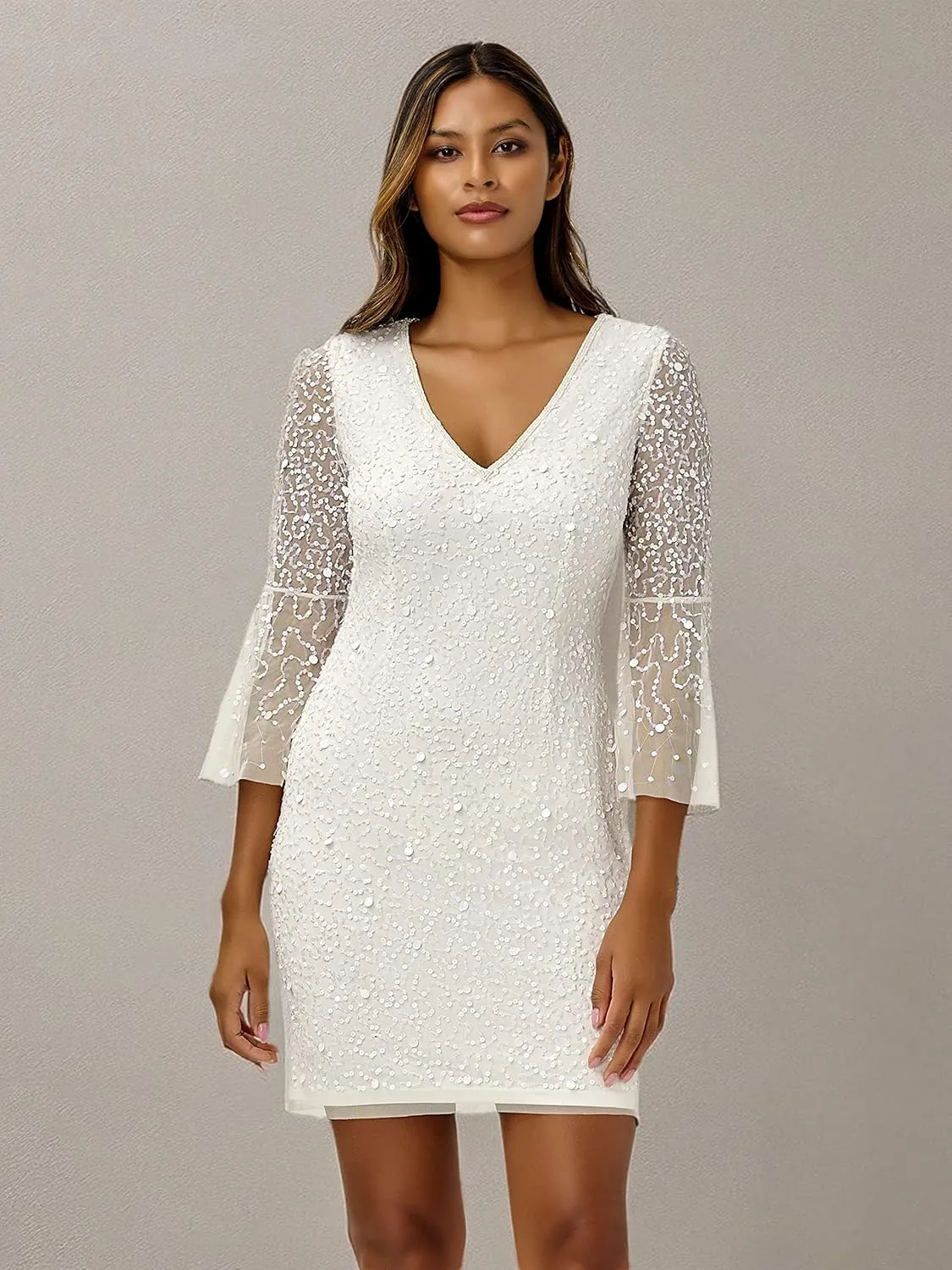 Adrianna Papell Women's Beaded Sequin Bell Sleeve DRS