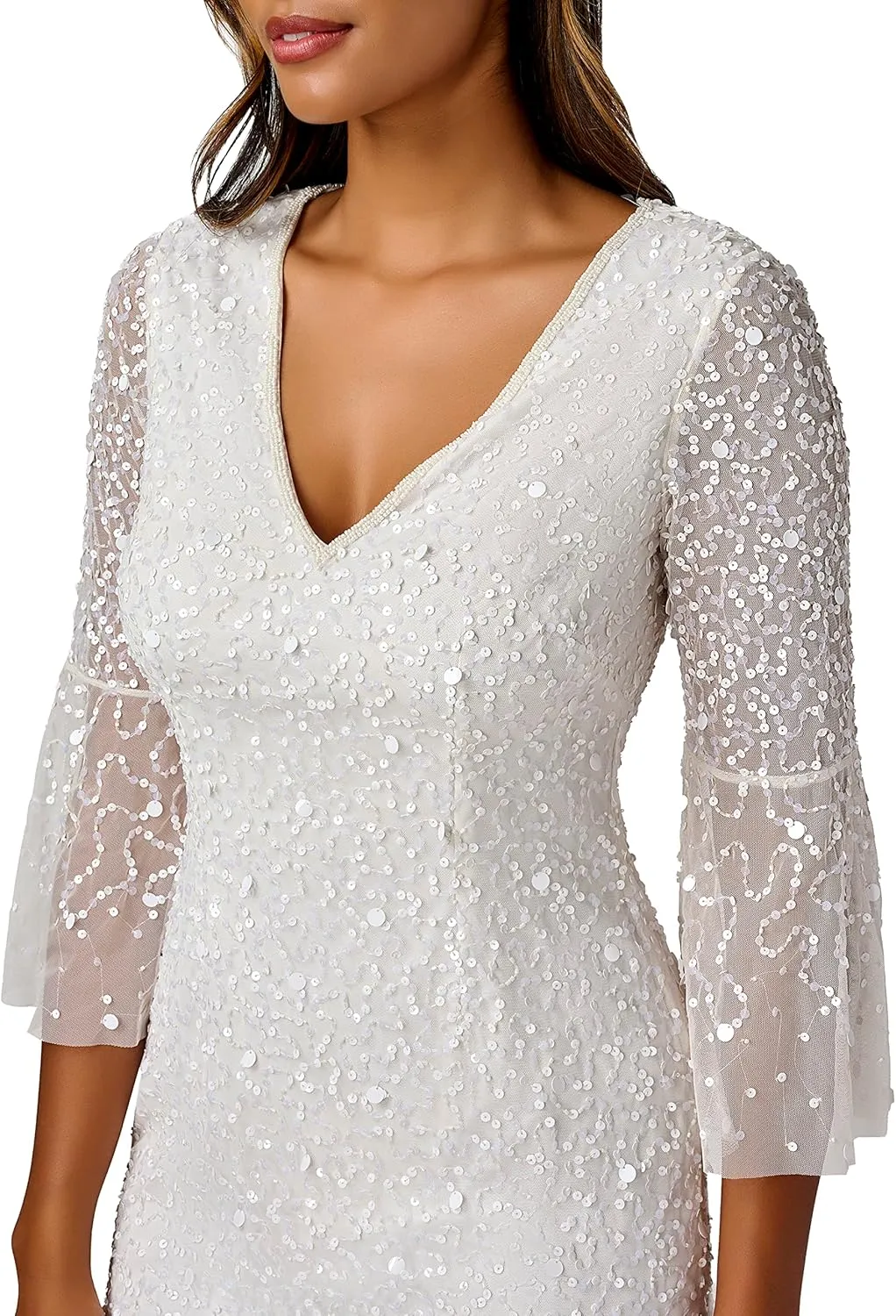 Adrianna Papell Women's Beaded Sequin Bell Sleeve DRS
