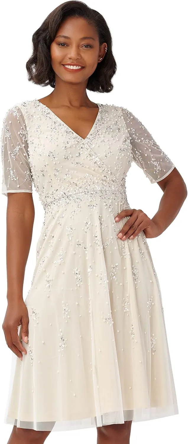 Adrianna Papell Women's Beaded Tea Length Dress