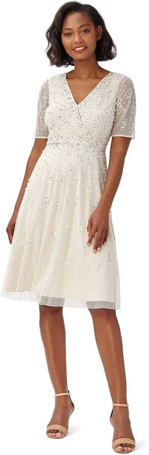 Adrianna Papell Women's Beaded Tea Length Dress