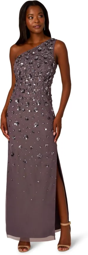 Adrianna Papell Women's One Shoulder Beaded Gown, Moonscape