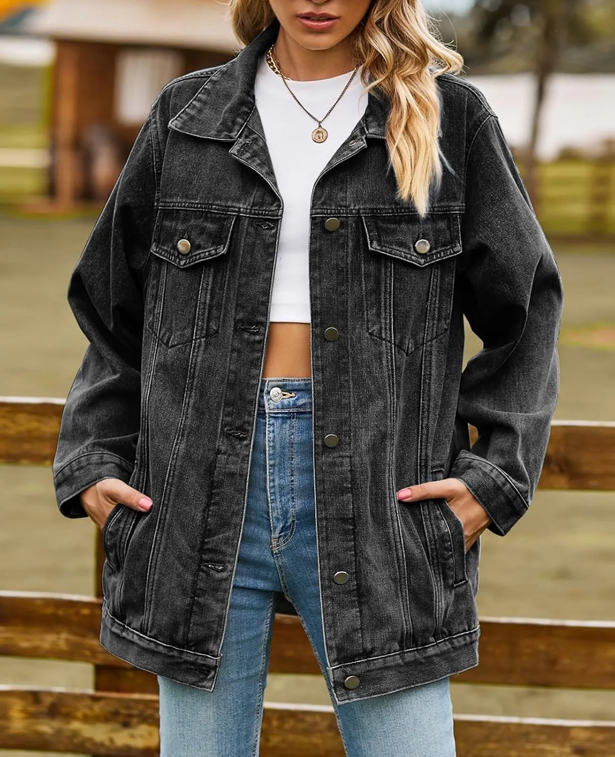 ALSOGO Oversized Jean Denim Jacket for Women Mid Long Jean Coat with Pockets Casual