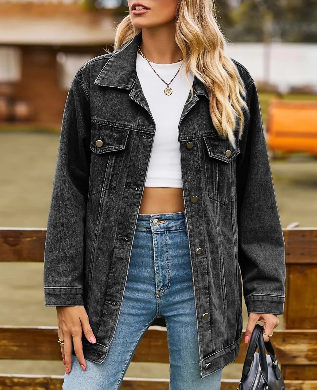 ALSOGO Oversized Jean Denim Jacket for Women Mid Long Jean Coat with Pockets Casual