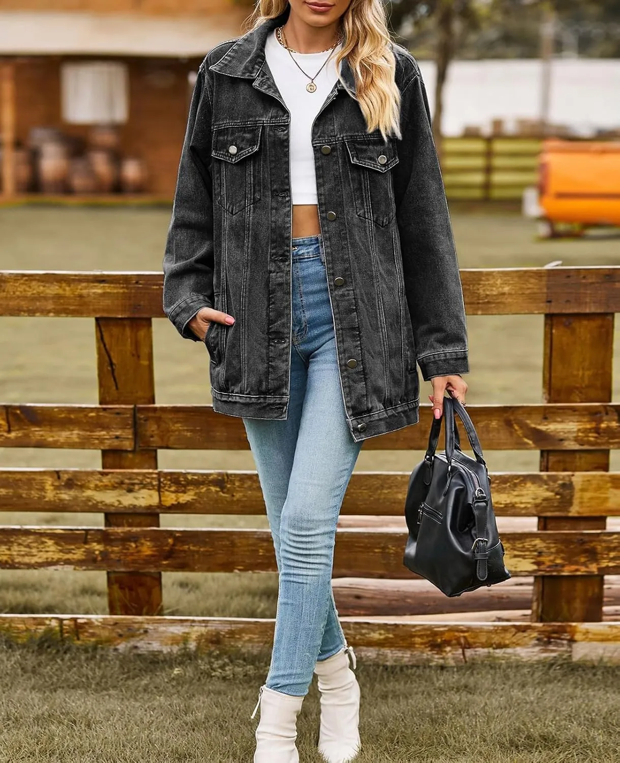 ALSOGO Oversized Jean Denim Jacket for Women Mid Long Jean Coat with Pockets Casual